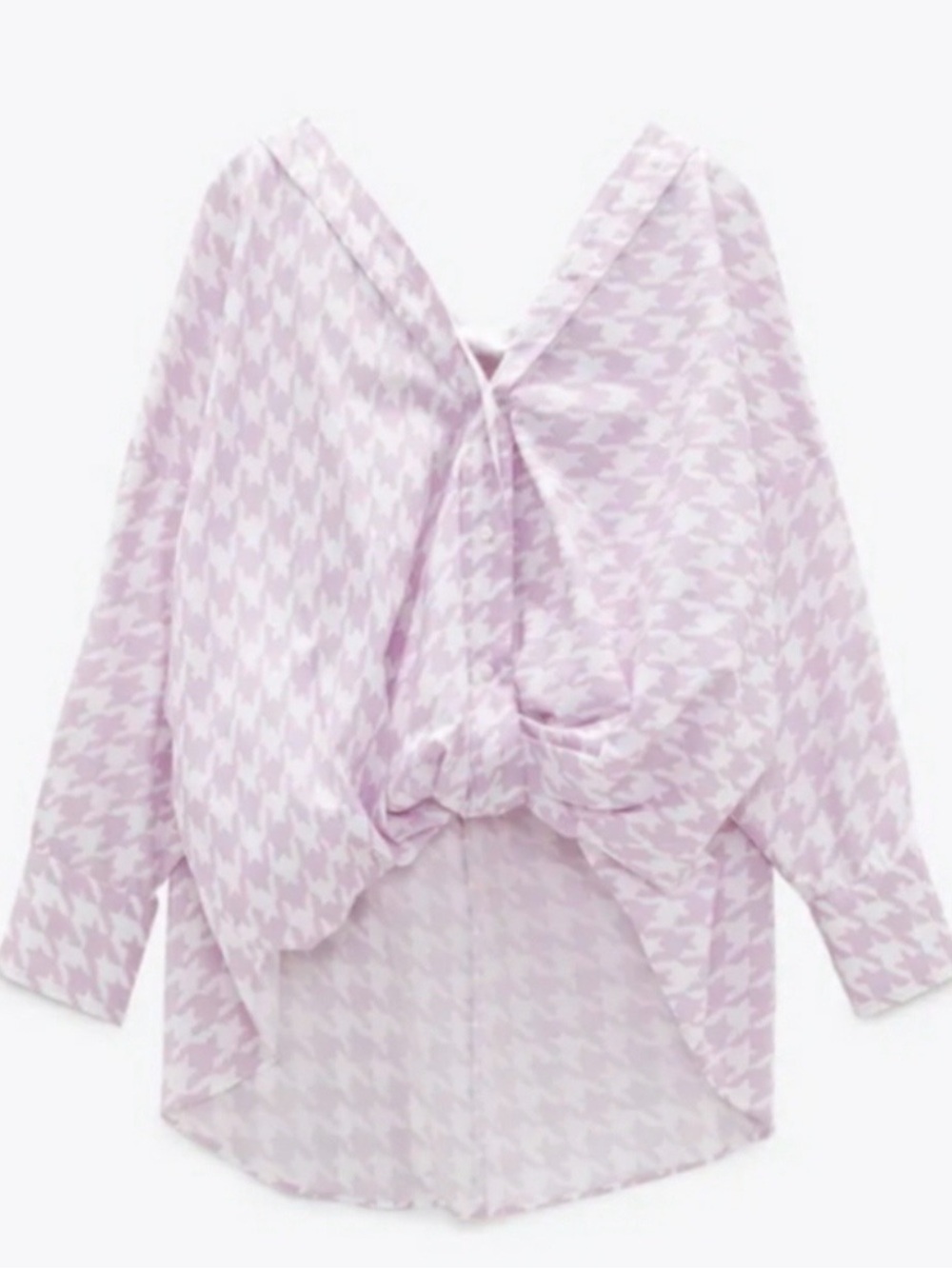 Zara Lilac Houndstooth 100% Cotton Button-Down Twist-Front Top